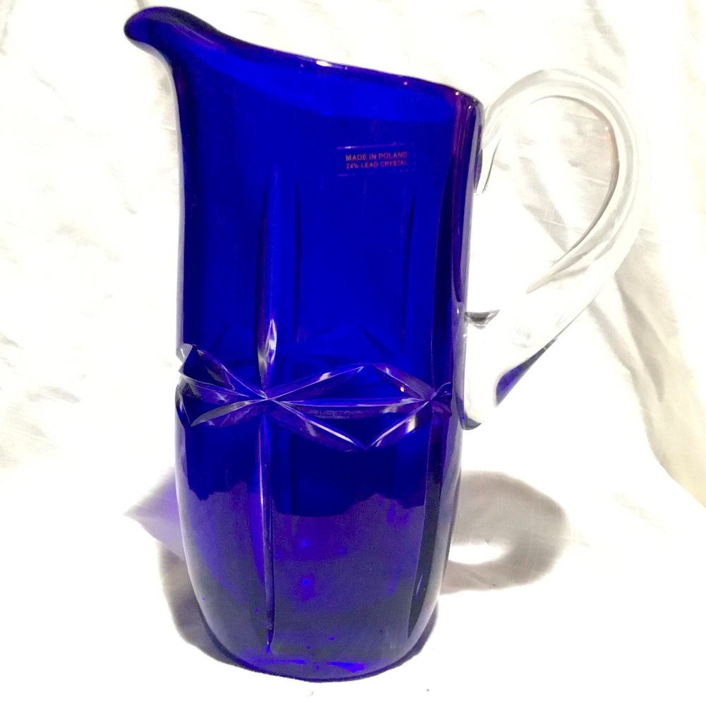 Stunning Crystal Pitcher Made in Poland. Cobalt Blue with Cut-Glass Design. EUC